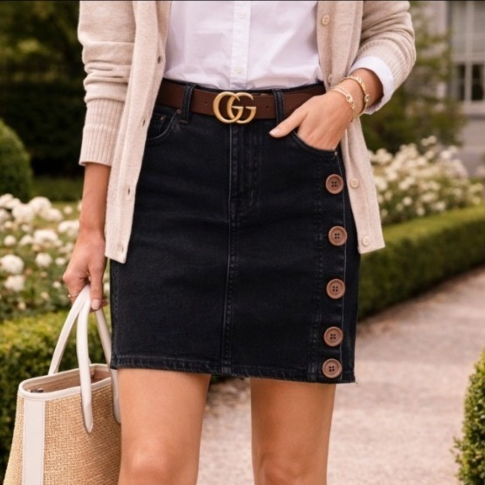 Wish‎ List Jeans Black Denim Button Front A-Line Mini Skirt Size S
